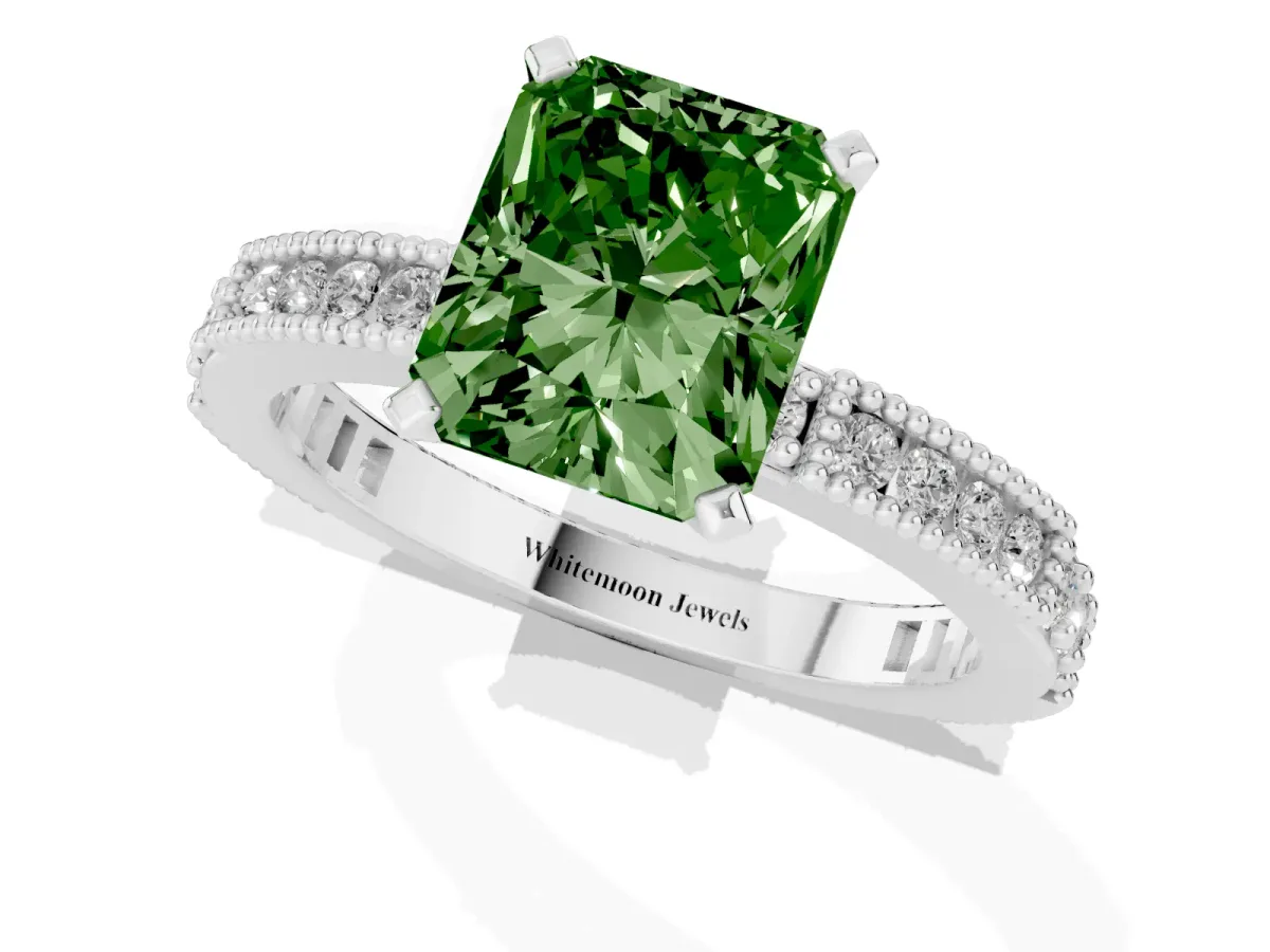 Fancy Green Radiant Cut Solitaire with Pavé Band and Four-Prong Setting Silver
