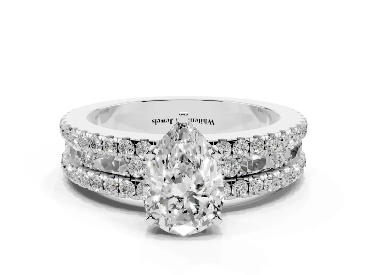 Pear Cut Diamond Solitaire Ring with Pavé and Channel Set Band Silver