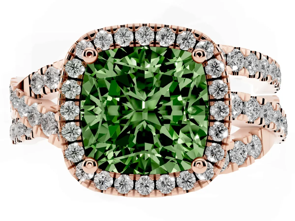 Fancy Green Cushion Cut Diamond Halo Ring with Round Split Shank and Prong Setting Rose gold