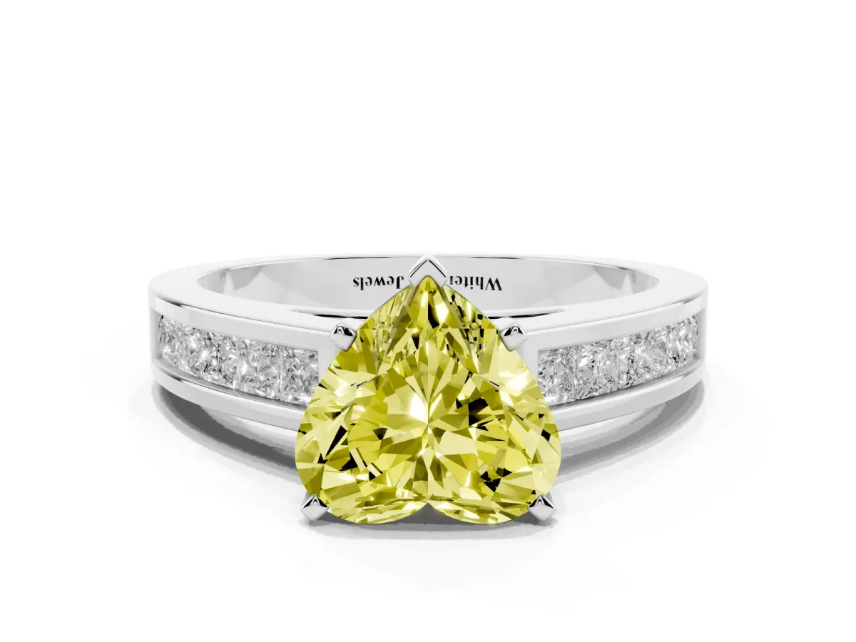 Fancy Yellow Heart Cut Solitaire Diamond Ring with Channel-Set Band and Four-Prong Setting Silver