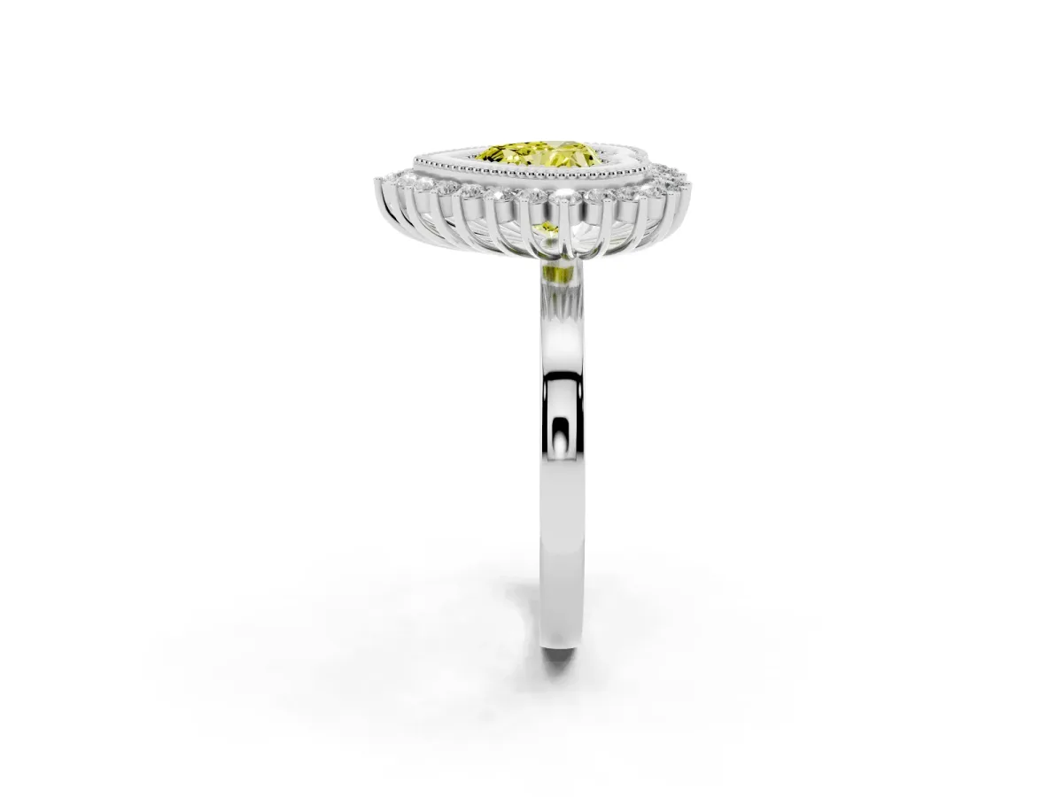 Fancy Yellow Heart Cut Halo Diamond Ring with Milgrain Edge and Round Prong Setting Silver