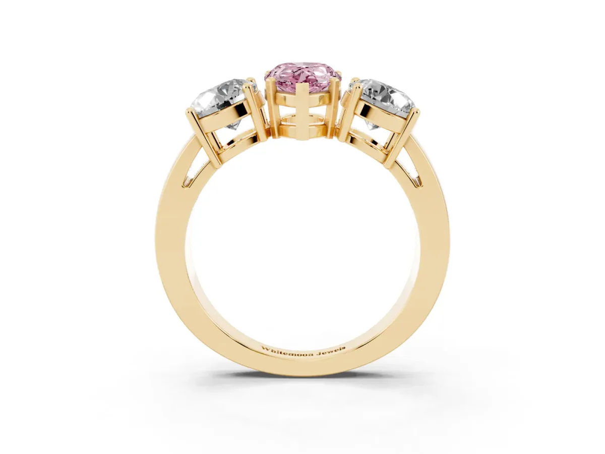Fancy Pink Three-Stone Pear Cut Diamond Ring with Round Side Stones, Classic Band, and Four-Prong Setting Yellow gold