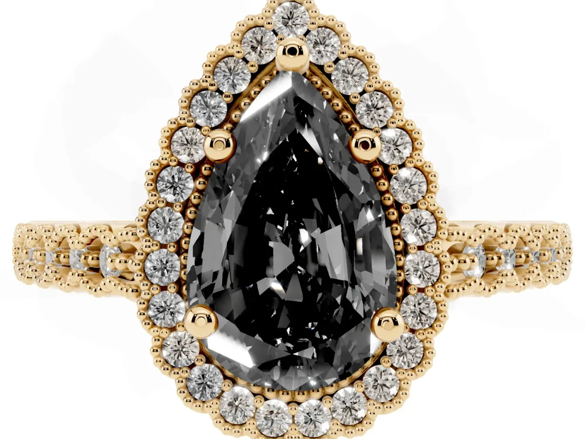 Fancy Black Pear Cut Cut Halo Pavé Solitaire Ring with Milgrain Band Yellow gold