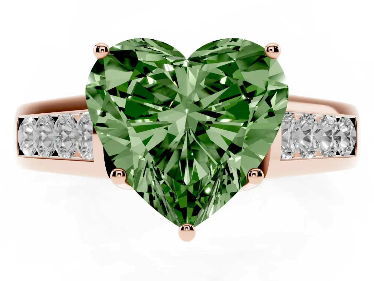 Fancy Green Heart Cut Solitaire Channel-Set Diamond Engagement Ring with Four-Prong Setting Rose gold