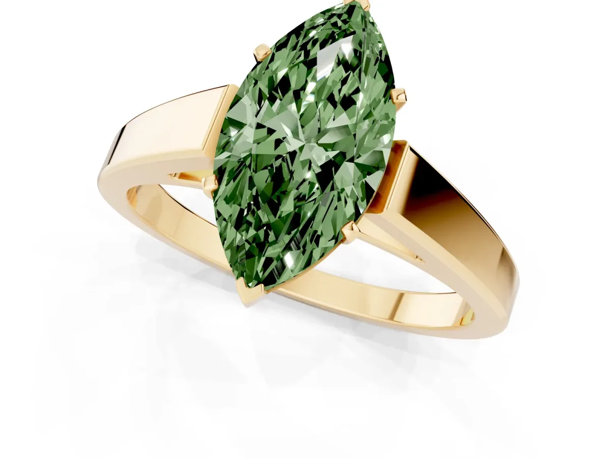 Fancy Green Marquise Cut Solitaire Engagement Ring with Four-Prong Setting and Tapered Band Yellow gold