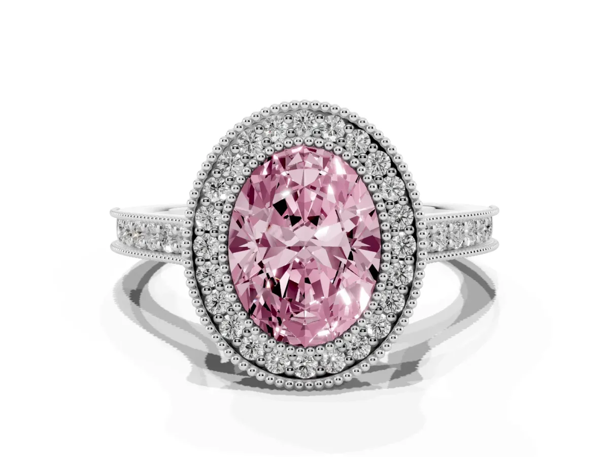 Fancy Pink Halo Oval Cut-Cut Diamond Pave Band Milgrain Prong Setting Ring Silver
