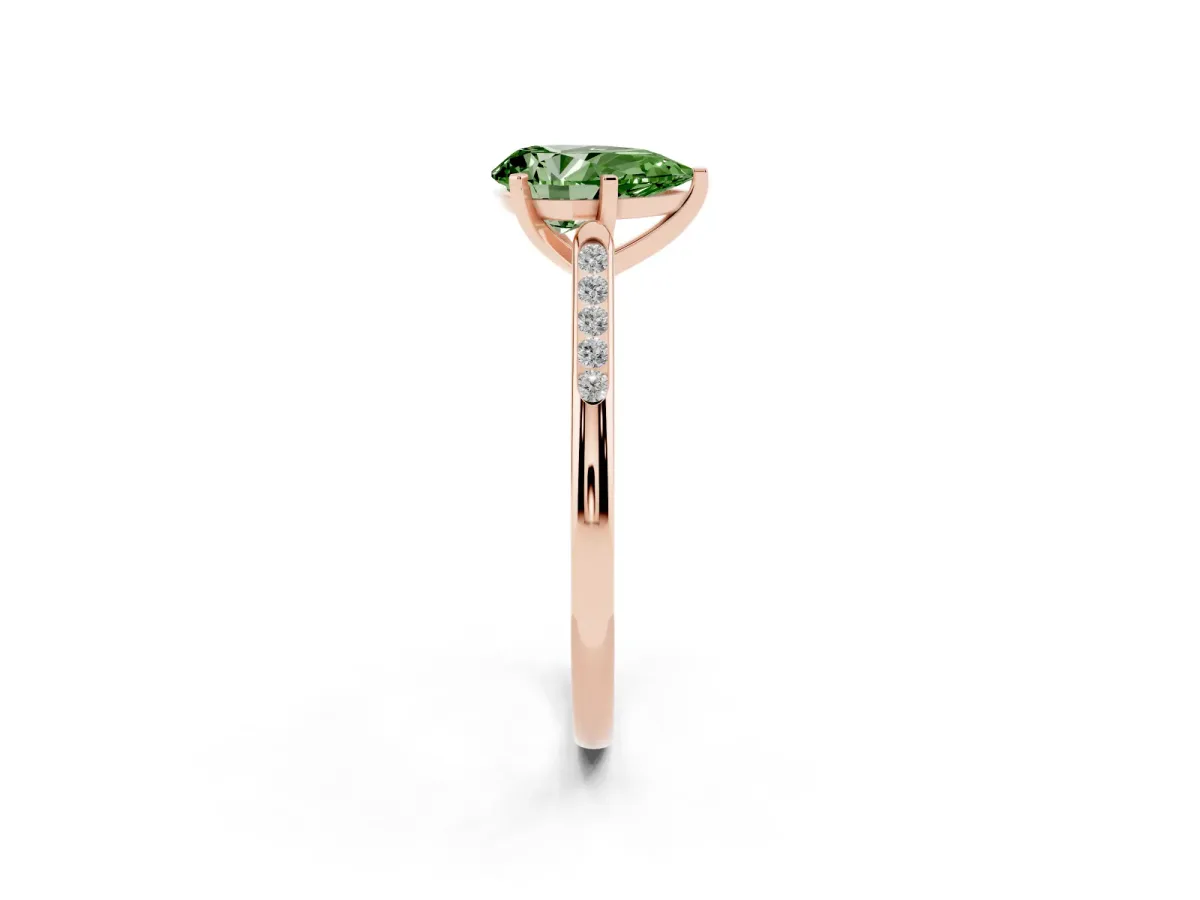 Fancy Green Pear Cut Diamond Solitaire Ring with Channel Set Round Band and Prong Setting Rose gold