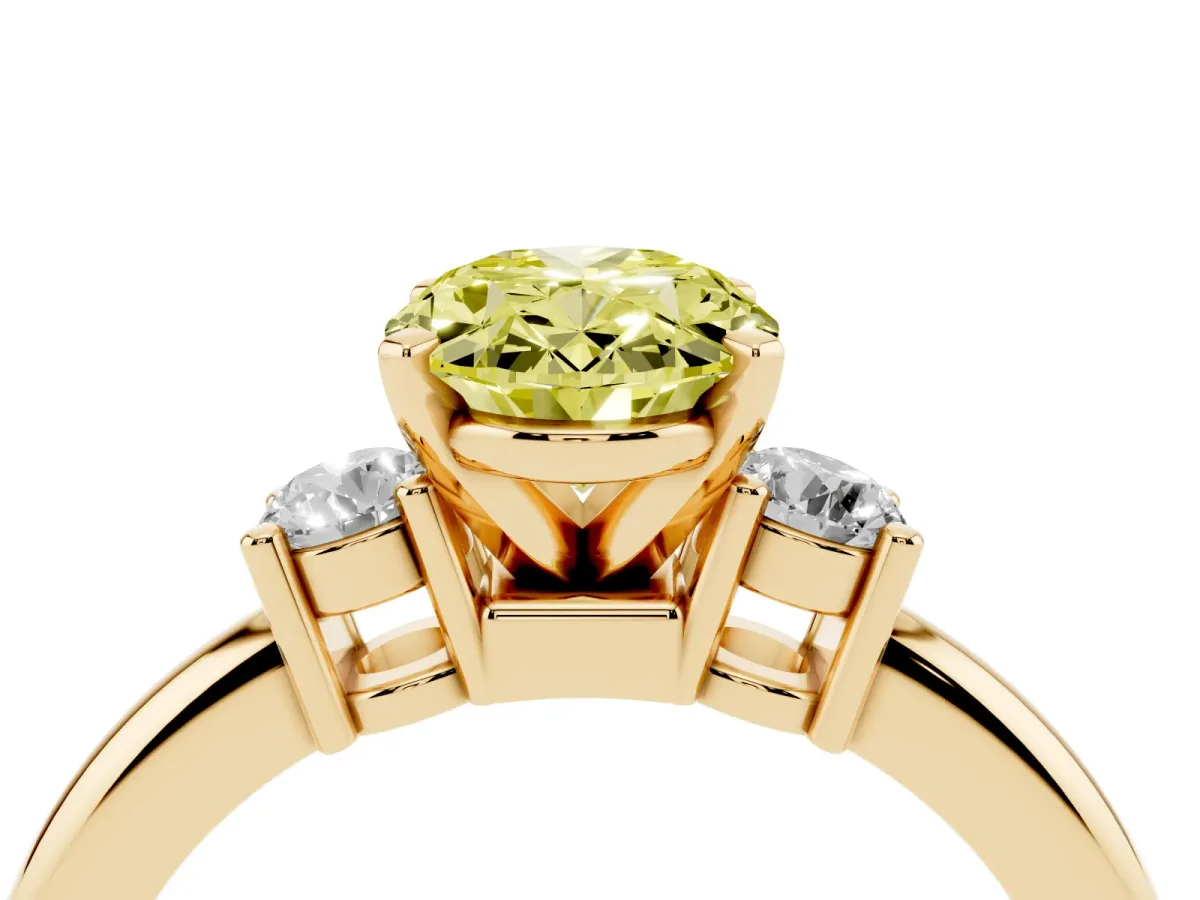 Fancy Yellow Three-Stone Oval Cut Cut Diamond Solitaire with Prong Setting and Classic Band Yellow gold