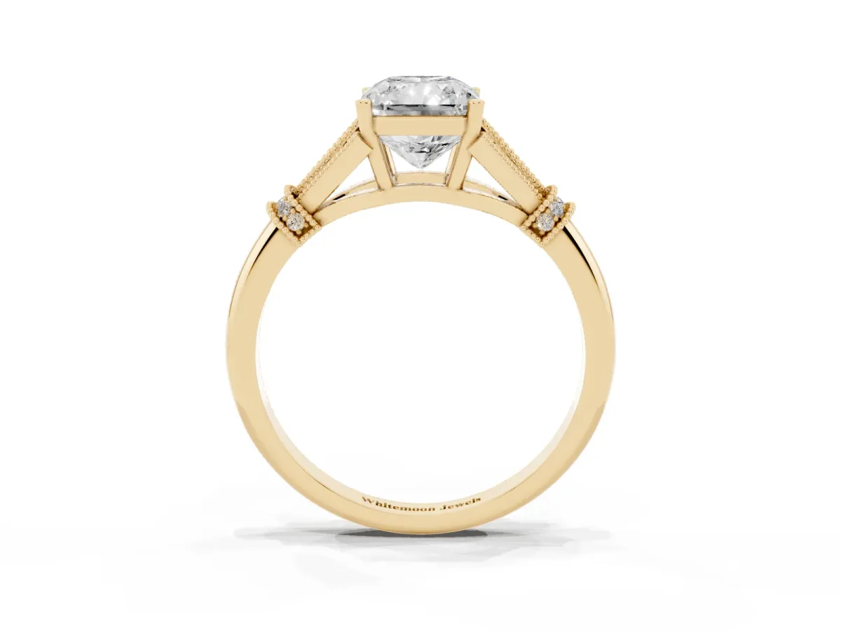 Radiant Cut Diamond Solitaire Ring with Floral Filigree and Pave Accents Yellow gold