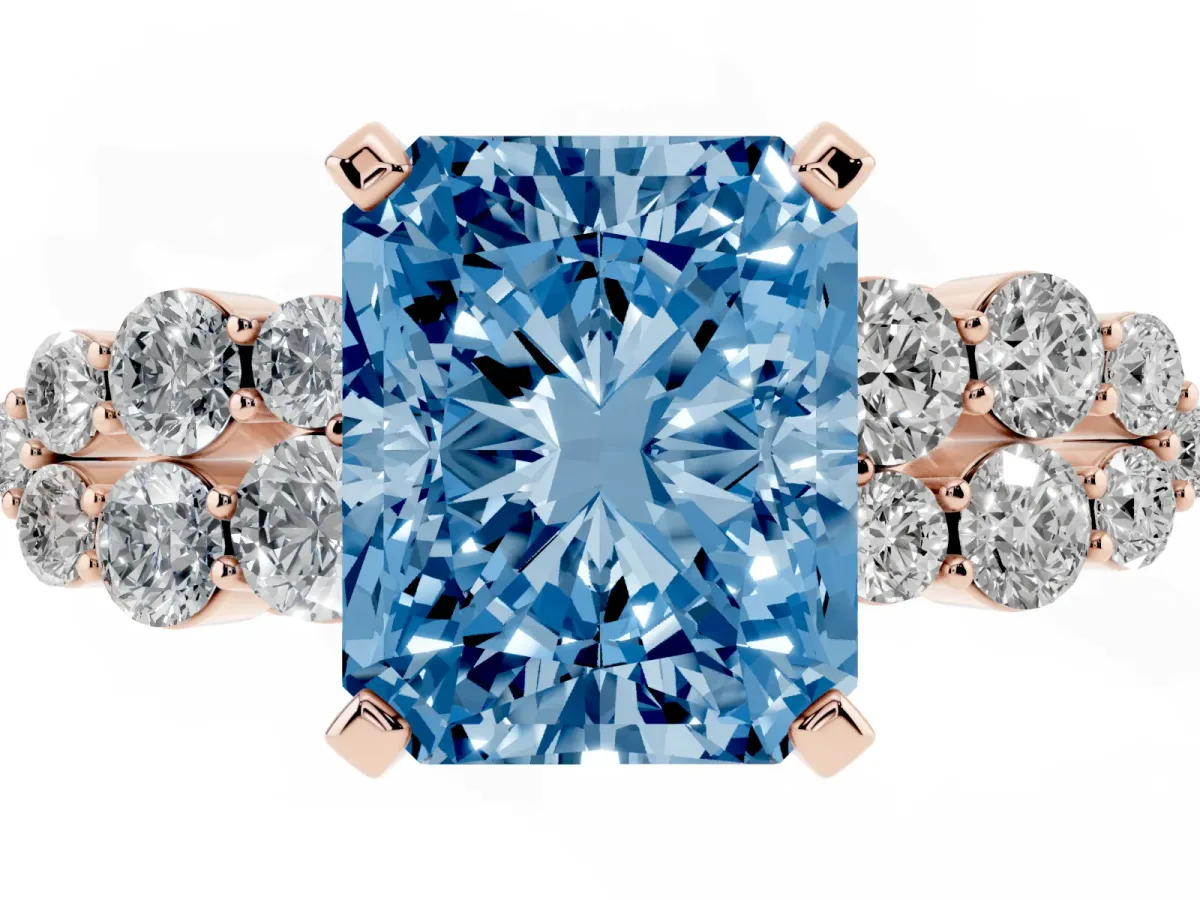 Fancy Blue Radiant Cut Cluster Diamond Engagement Ring with Pavé Band and Four-Prong Setting Rose gold
