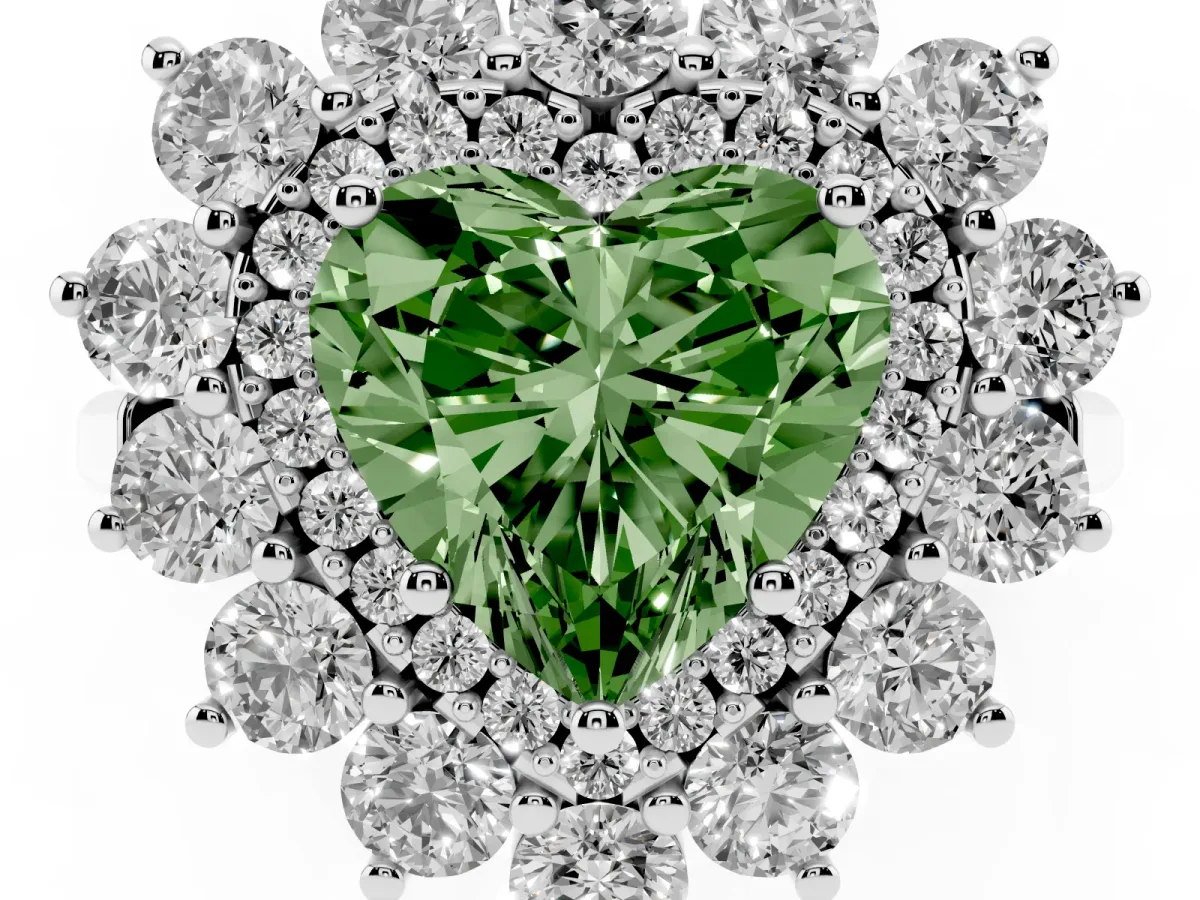 Fancy Green Heart Cut Diamond Floral Double Halo Engagement Ring with Prong Setting Platinum