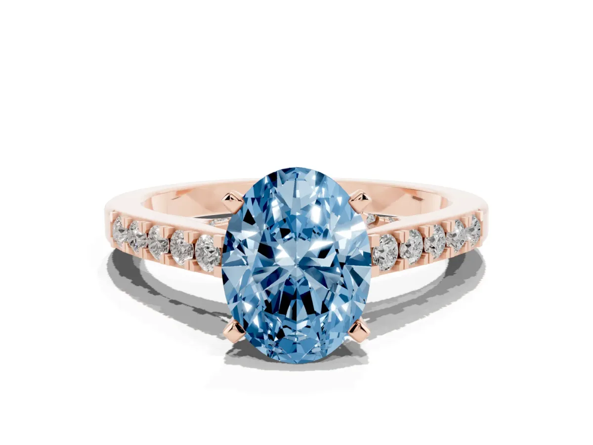 Fancy Blue Oval Cut Diamond Solitaire Ring with Crossover Gallery and Round Pavé Band Rose gold
