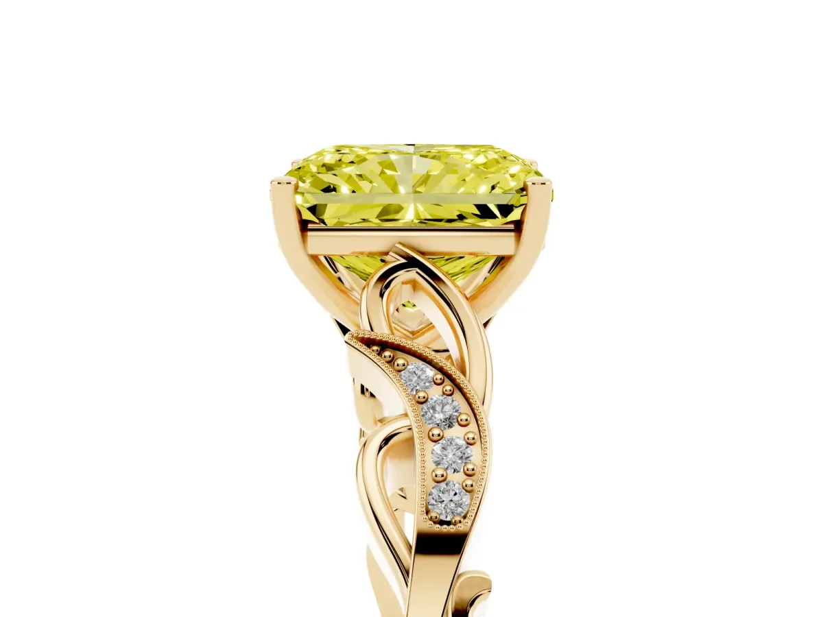 Fancy Yellow Radiant Cut Solitaire Vine Band with Milgrain Prong Setting Yellow gold