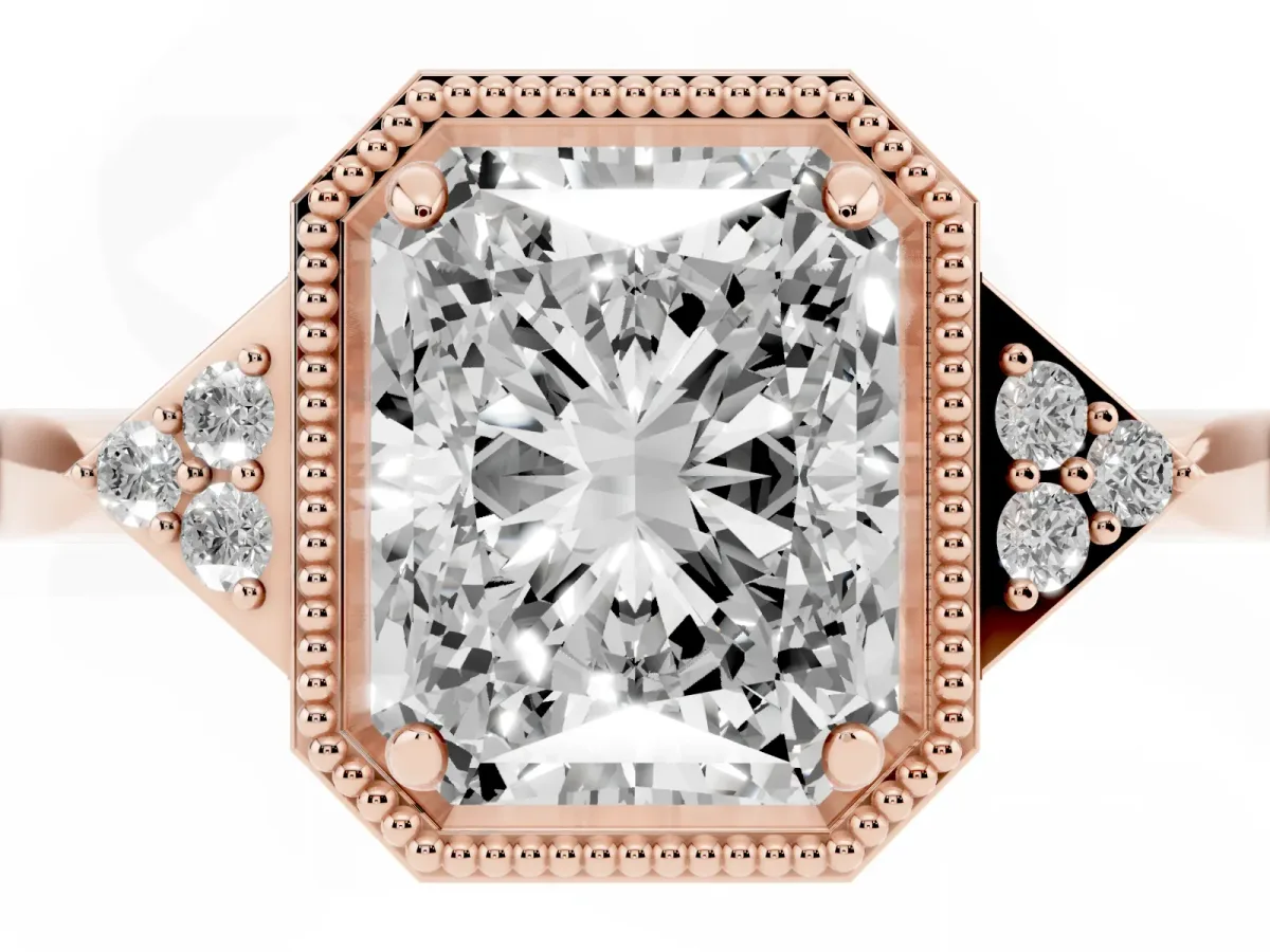 Radiant Cut Diamond Halo Ring with Tapered Band and Four-Prong Setting Rose gold