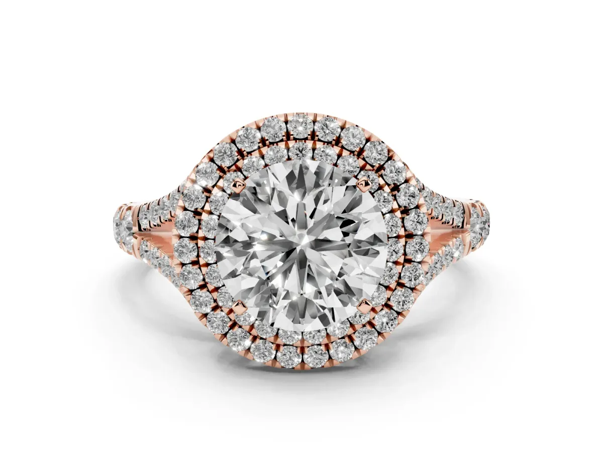 Double Halo Round Cut Diamond Split Shank Engagement Ring with Four-Prong Setting Rose gold