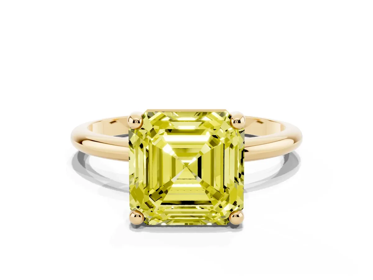 Fancy Yellow Asscher Cut Solitaire Diamond Ring with 4-Prong Setting on a Classic Band Yellow gold