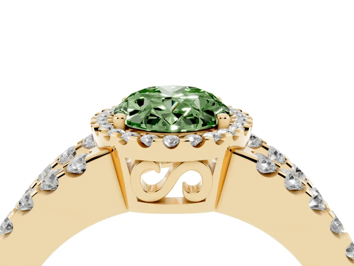 Fancy Green Oval Cut Cut Halo Split Shank Diamond Ring with Four-Prong Setting Yellow gold