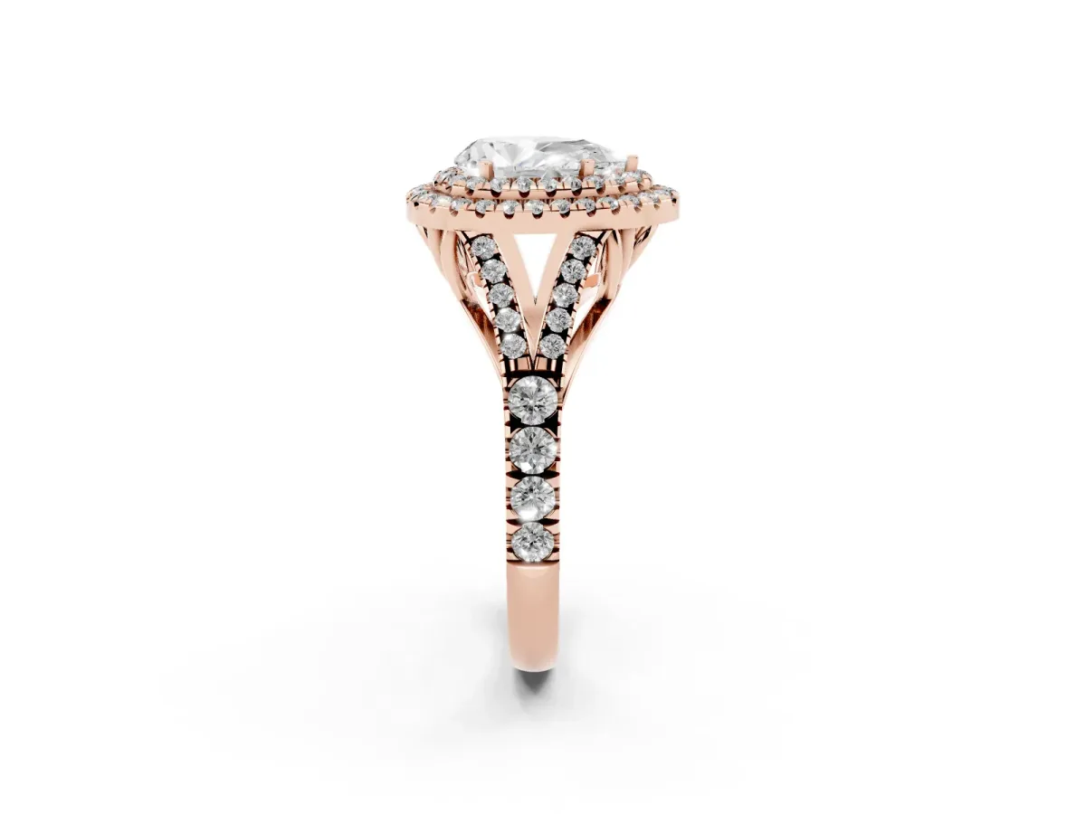 Double Halo Pear Cut Diamond Split Shank Engagement Ring with Four-Prong Setting Rose gold