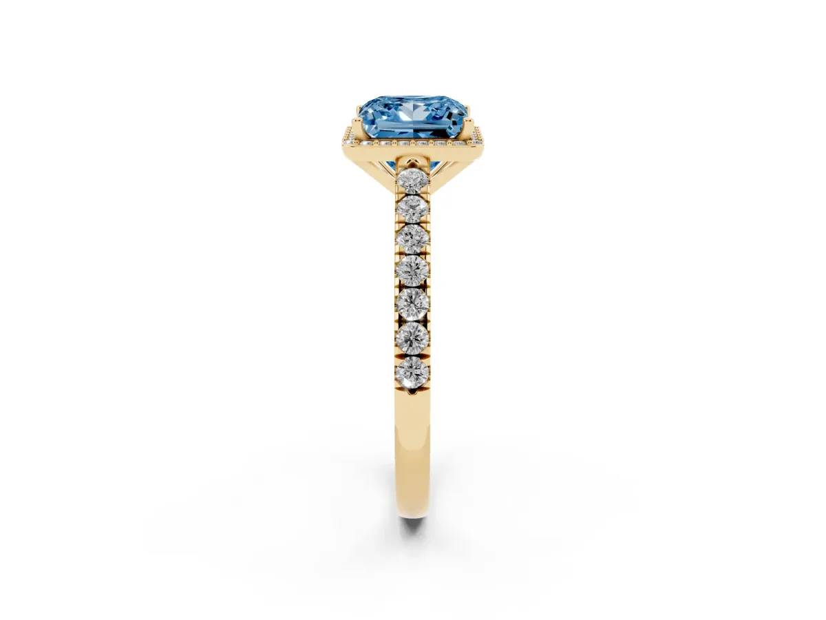Fancy Blue Princess Cut Cut Halo Diamond Engagement Ring with Pave Band and Four-Prong Setting Yellow gold