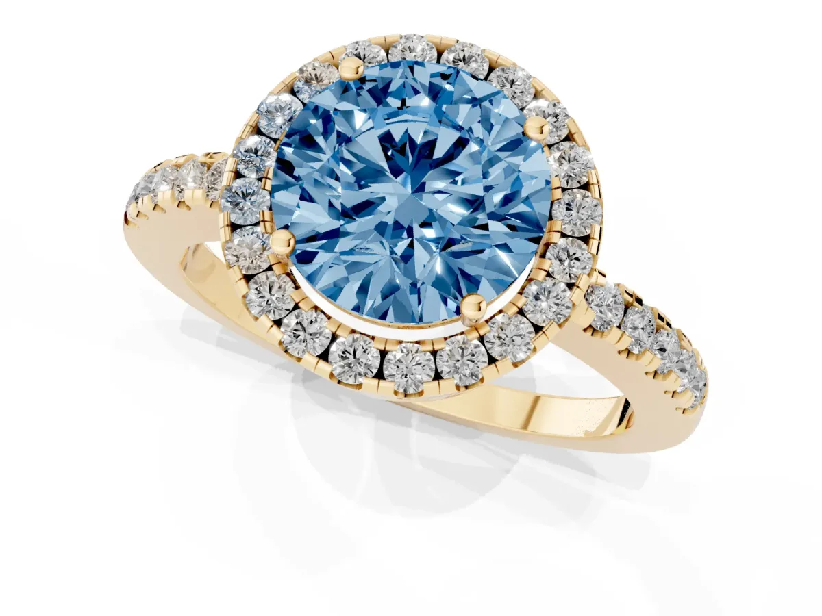 Fancy Blue Round Cut Halo Diamond Engagement Ring with Pavé Band and Four-Prong Setting Yellow gold