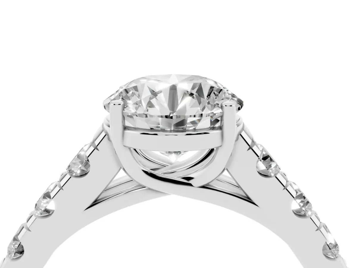 Round Cut Cut Diamond Solitaire Ring with Micro Pave Band and Prong Setting Platinum