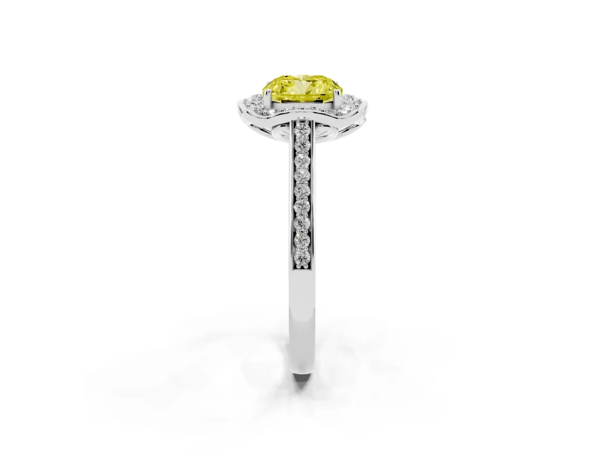 Fancy Yellow Cushion Cut Halo Round Diamond Pave Band with Four-Prong Setting Silver