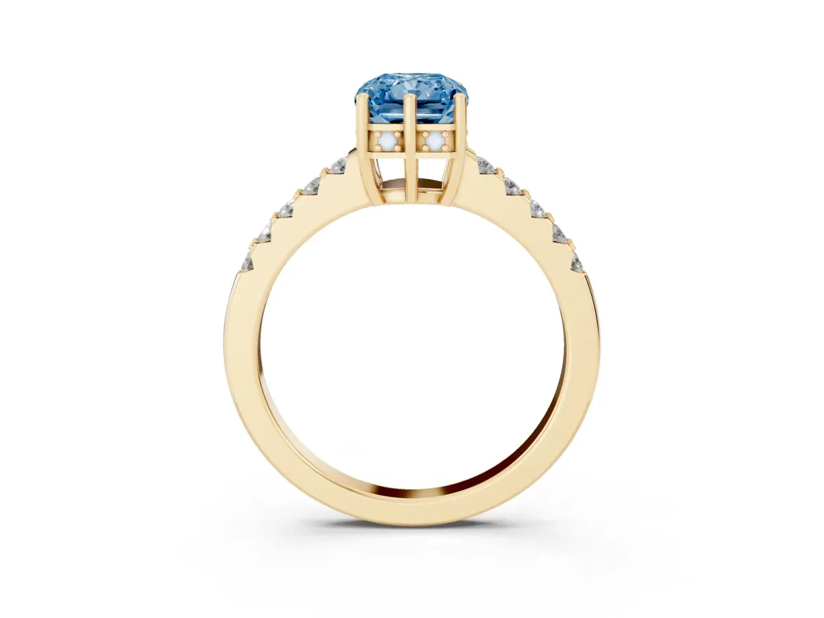 Fancy Blue Radiant Cut Solitaire Diamond Engagement Ring with Pavé Band and Six-Prong Setting Yellow gold
