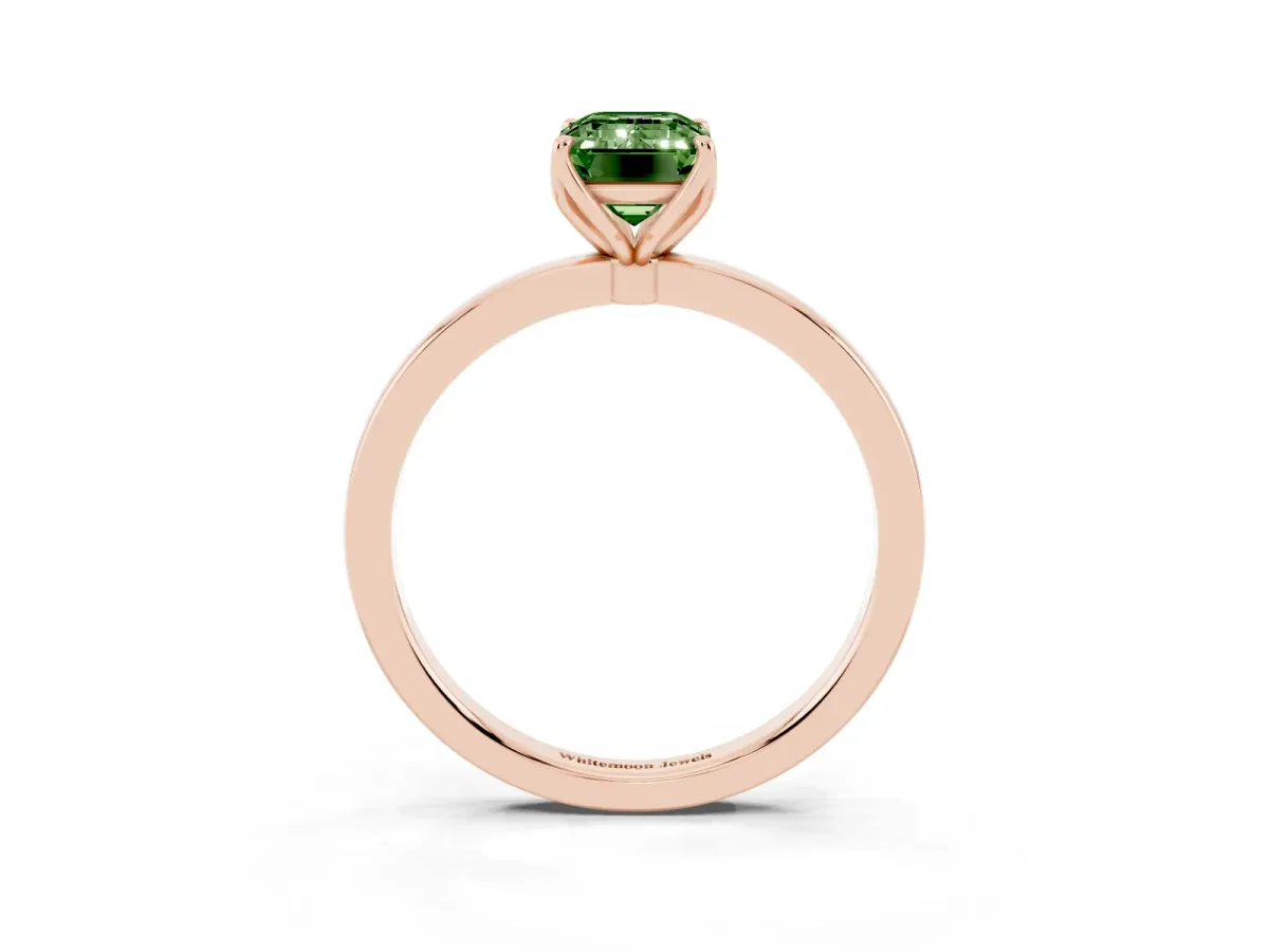Fancy Green Emerald Cut Diamond Solitaire Ring with Thin Band and Prong Setting Rose gold
