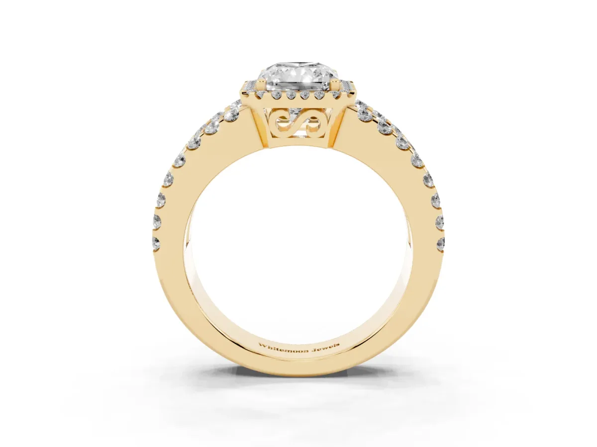 Radiant Cut Cut Halo Split Shank Diamond Ring with Four-Prong Setting Yellow gold