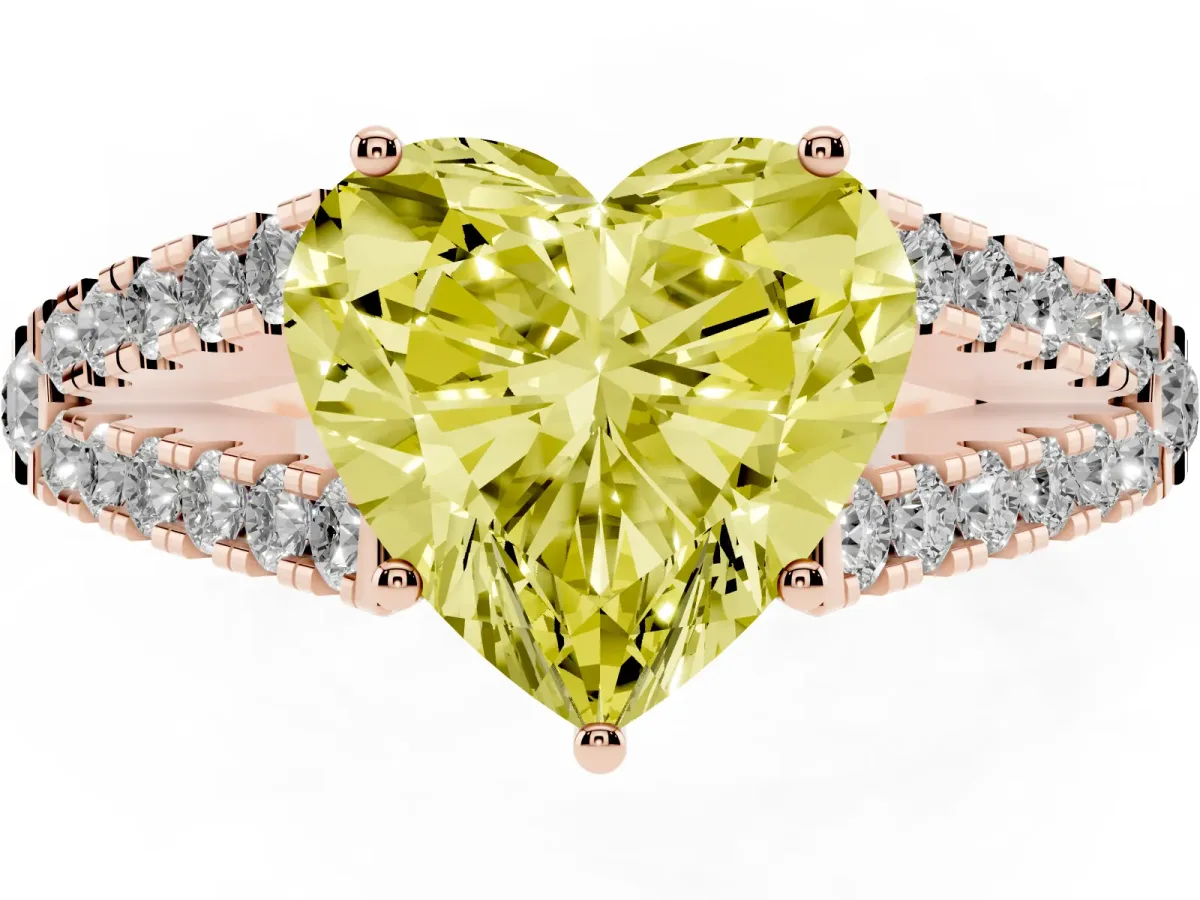 Fancy Yellow Heart Cut Diamond Split Shank Engagement Ring with Round Pavé and Prong Setting Rose gold