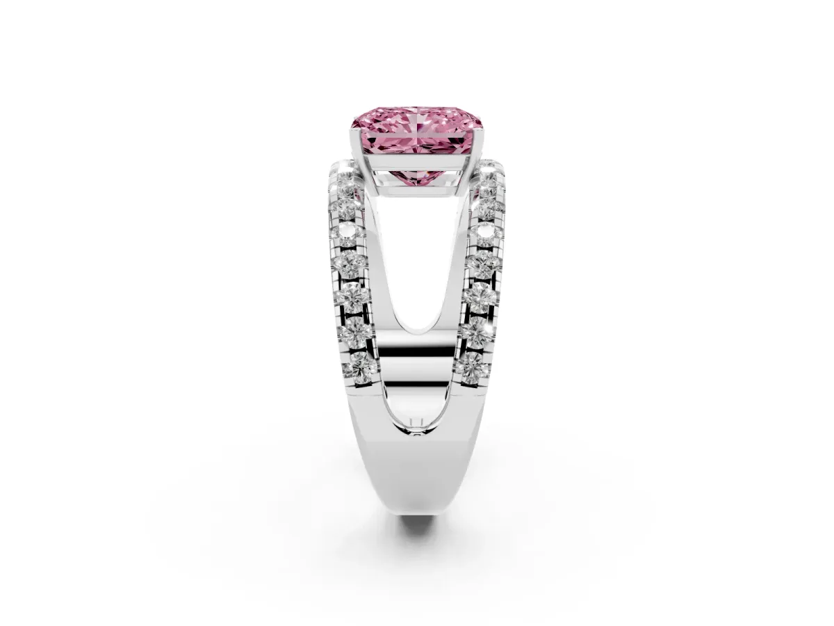 Fancy Pink Radiant Cut Solitaire Split Shank Pave Diamond Ring Silver