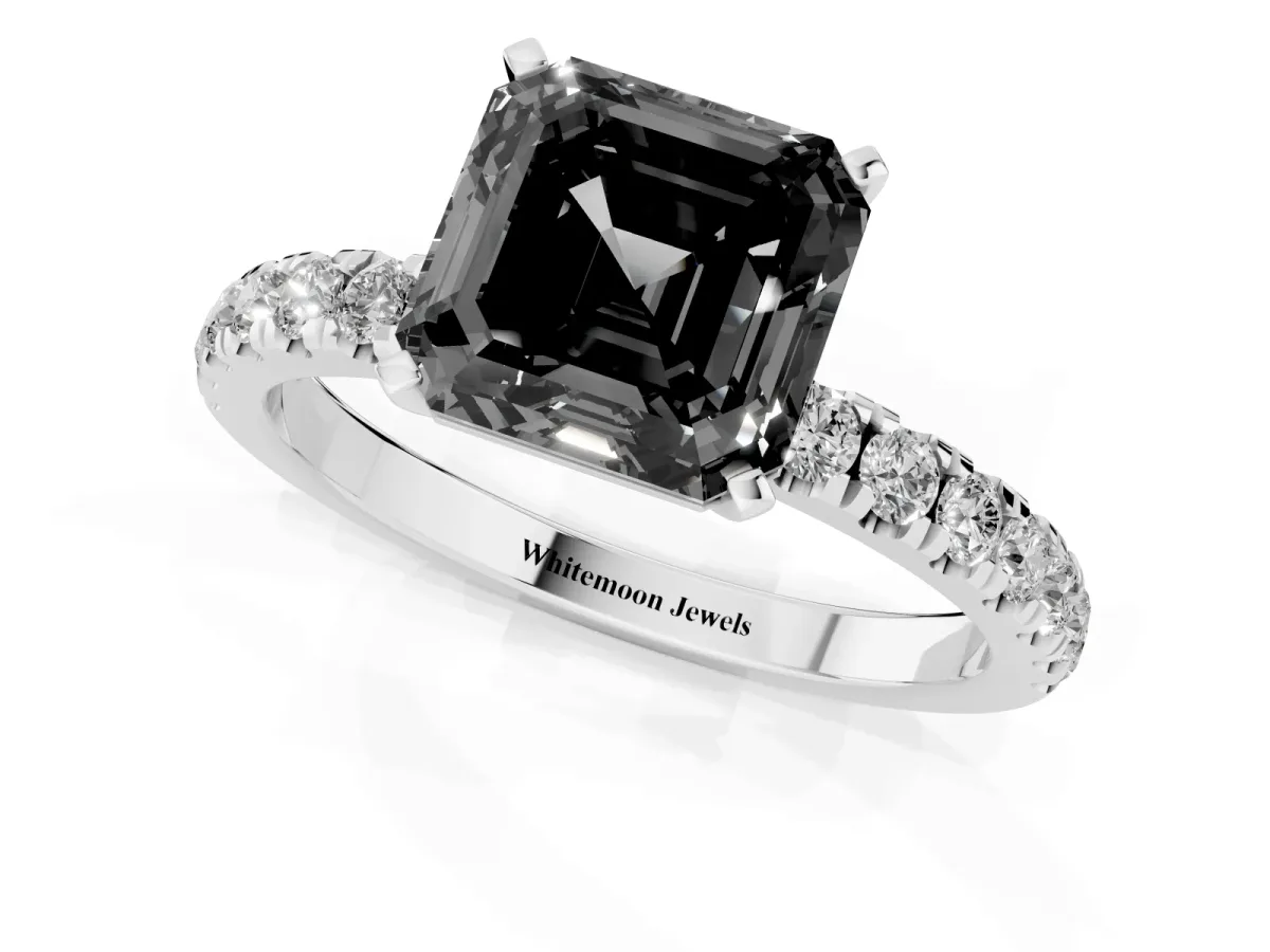 Fancy Black Asscher Cut Diamond Solitaire Ring with Pavé Accents and Four-Prong Setting Silver