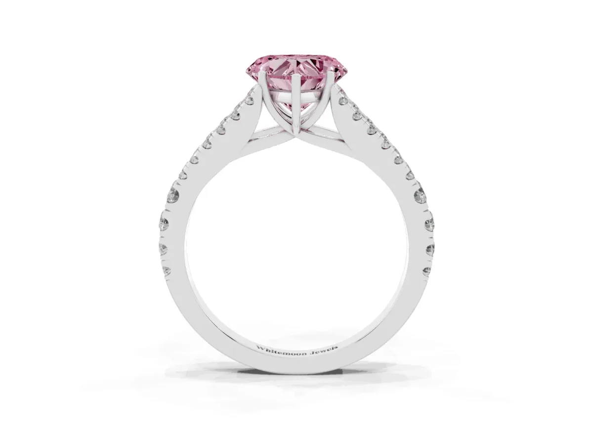 Fancy Pink Heart Cut Diamond Split Shank Engagement Ring with Round Pavé and Prong Setting Silver