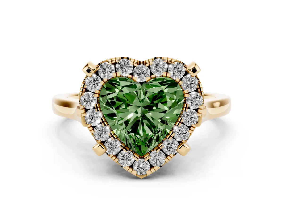 Fancy Green Heart Cut Diamond Cluster Halo Solitaire with Four-Prong Setting Yellow gold