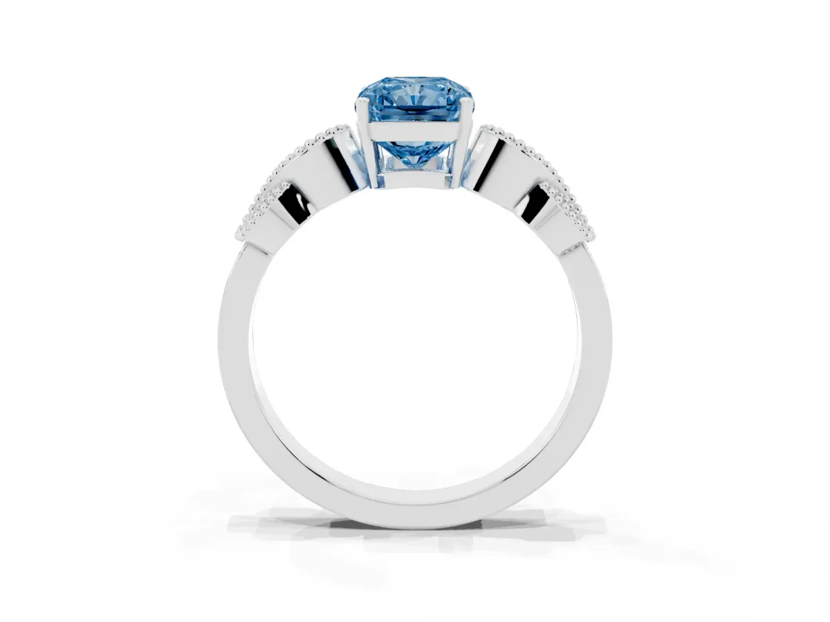 Fancy Blue Radiant Cut Solitaire Milgrain Leaf Band with Prong Setting White gold