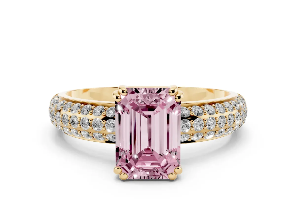 Fancy Pink Emerald Cut Diamond Solitaire Ring with Multi-Row Round Pavé Band and Prong Setting Yellow gold