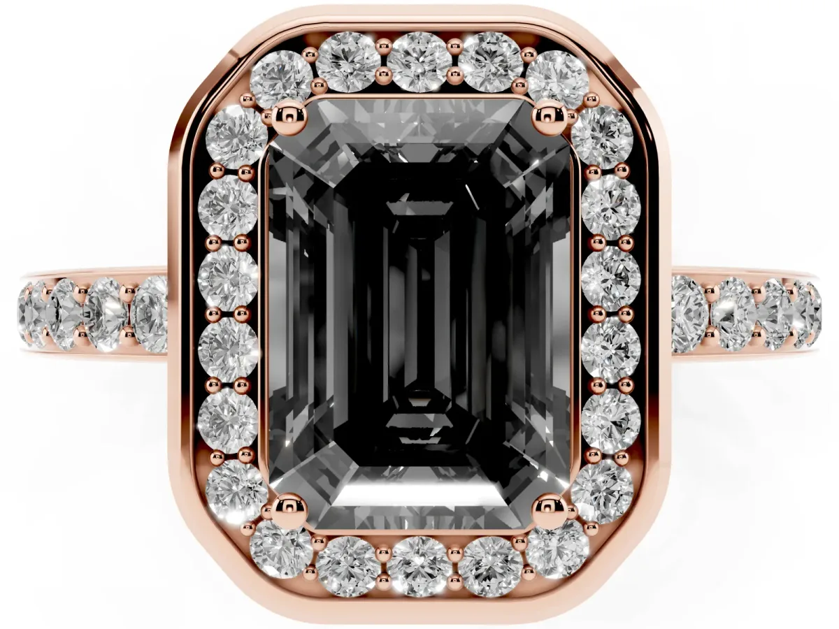 Fancy Black Emerald Cut Diamond Halo Ring with Bezel Frame and Pavé Band Rose gold