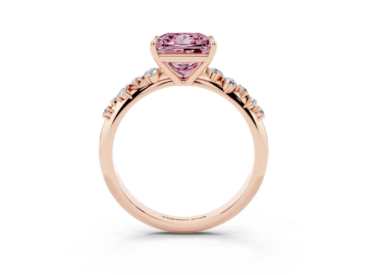 Fancy Pink Princess Cut Diamond Cluster Side Stone Solitaire Ring with Prong Setting Rose gold