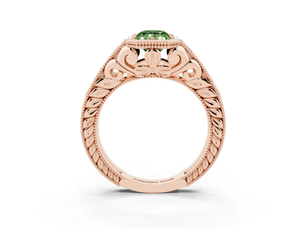 Fancy Green Bezel Set Emerald Cut Diamond Milgrain Pave Engagement Ring Rose gold