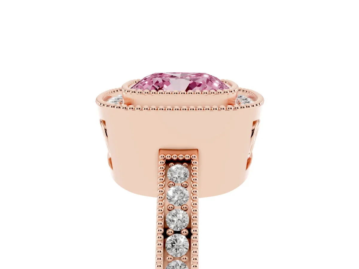 Fancy Pink Cushion Cut Cut Halo Diamond Ring with Pavé Band and Milgrain Prong Setting Rose gold