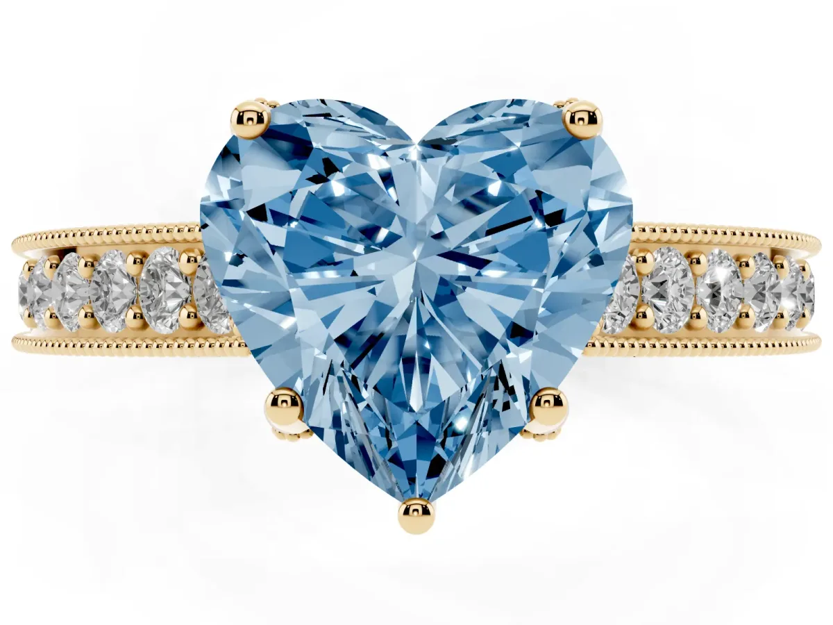 Fancy Blue Heart Cut Cut Diamond Solitaire Ring with Milgrain Pave Band and Four Prong Setting Yellow gold