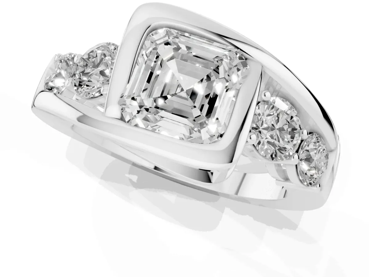 Bezel Set Asscher Cut Diamond Bypass Ring with Round Accents White gold