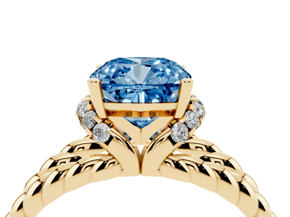 Fancy Blue Cushion Cut Halo Twisted Band Four-Prong Ring Yellow gold
