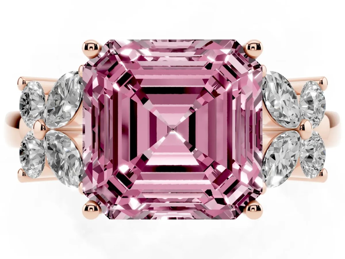 Fancy Pink Asscher Cut Diamond Floral Cluster Ring with Solitaire Band and Prong Setting Rose gold