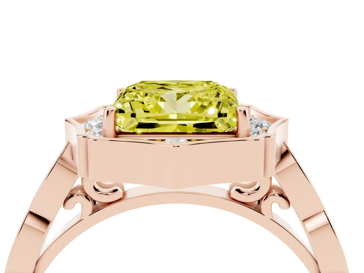 Fancy Yellow Princess Cut Halo Diamond Engagement Ring with Milgrain Band and Four-Prong Setting Rose gold