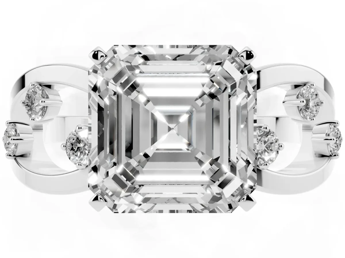 Asscher Cut Cut Solitaire Diamond with Side Stones on Criss-Cross Band and Four-Prong Setting Platinum