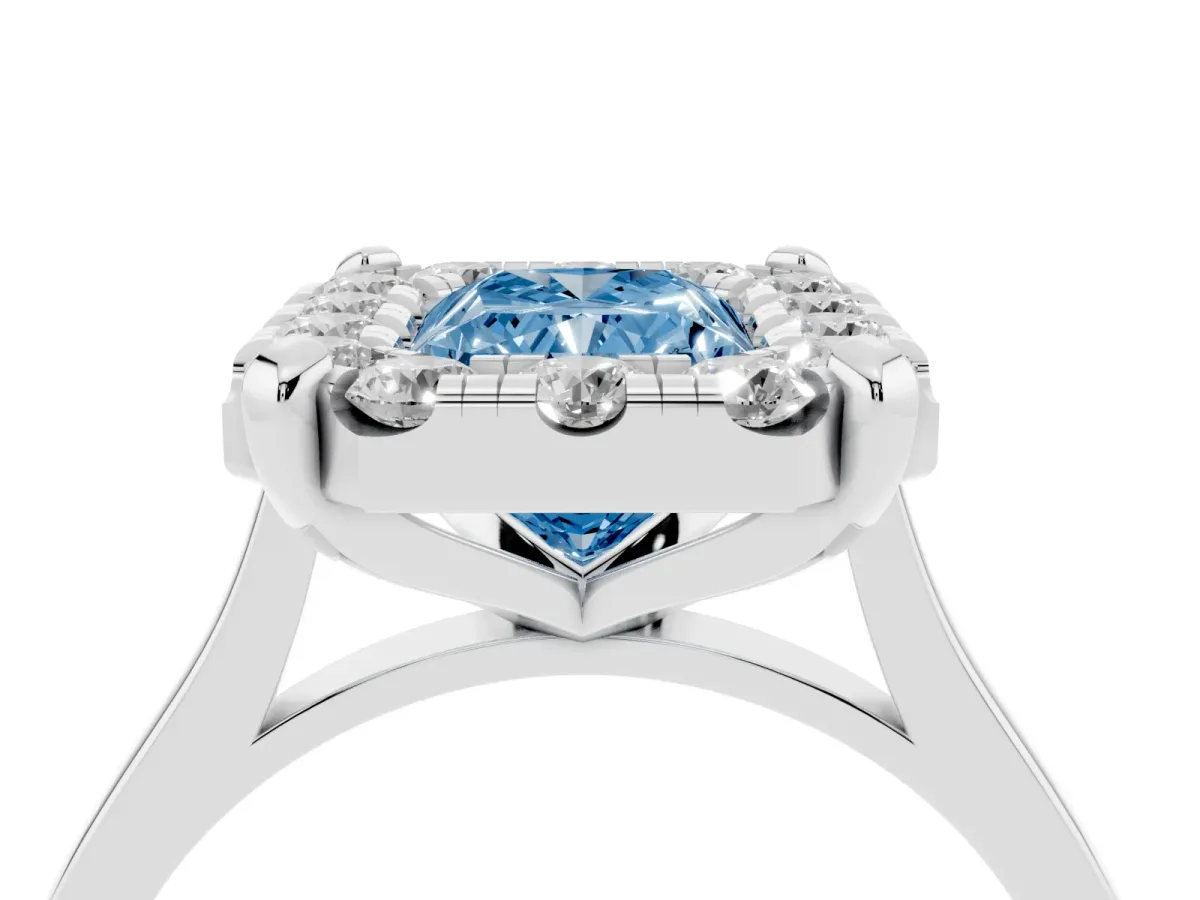 Fancy Blue Radiant Cut Diamond Cluster Halo Solitaire with Four-Prong Setting Platinum