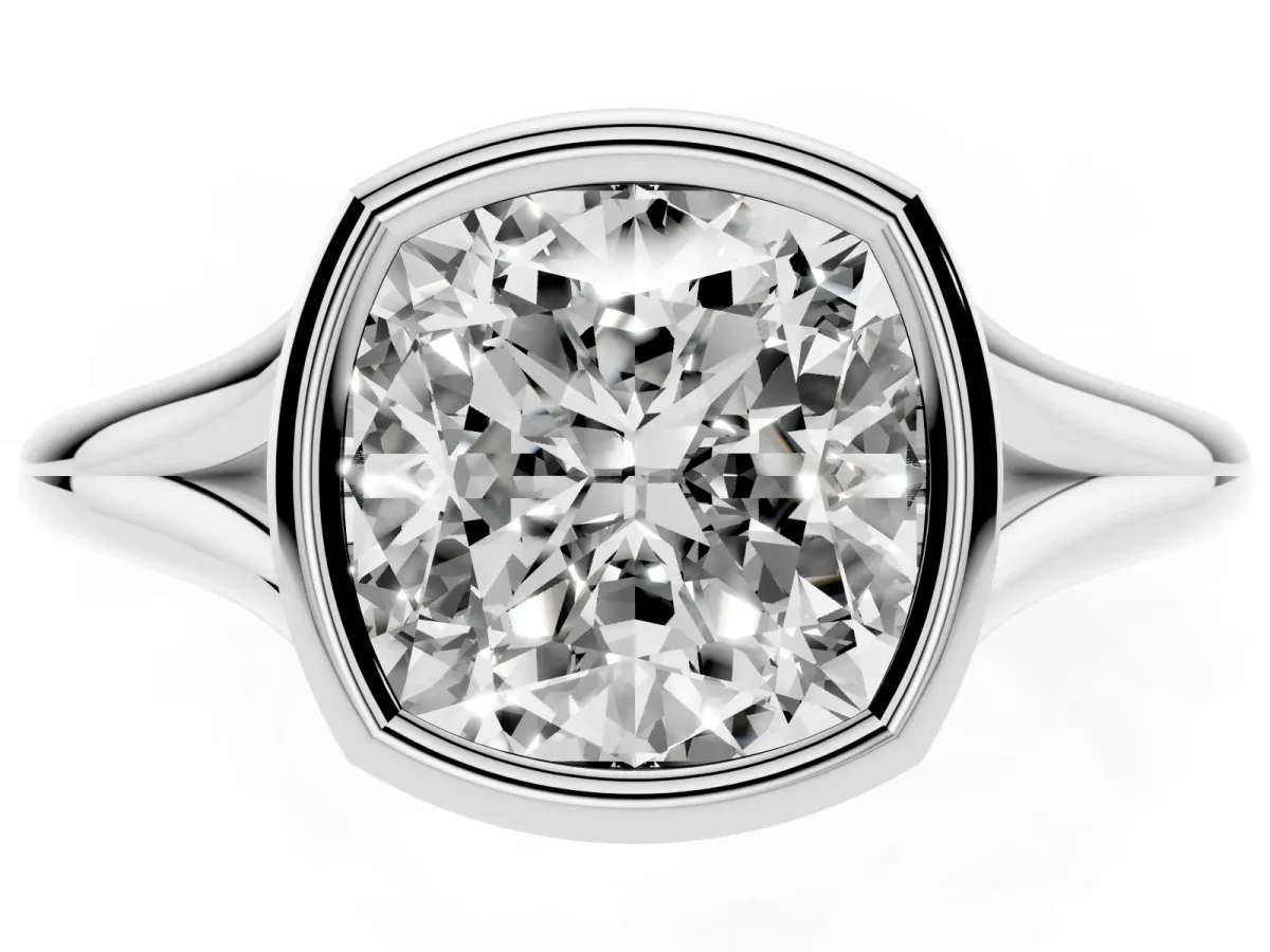 Bezel Set Cushion Cut Cut Solitaire Ring with Tapered Band Silver