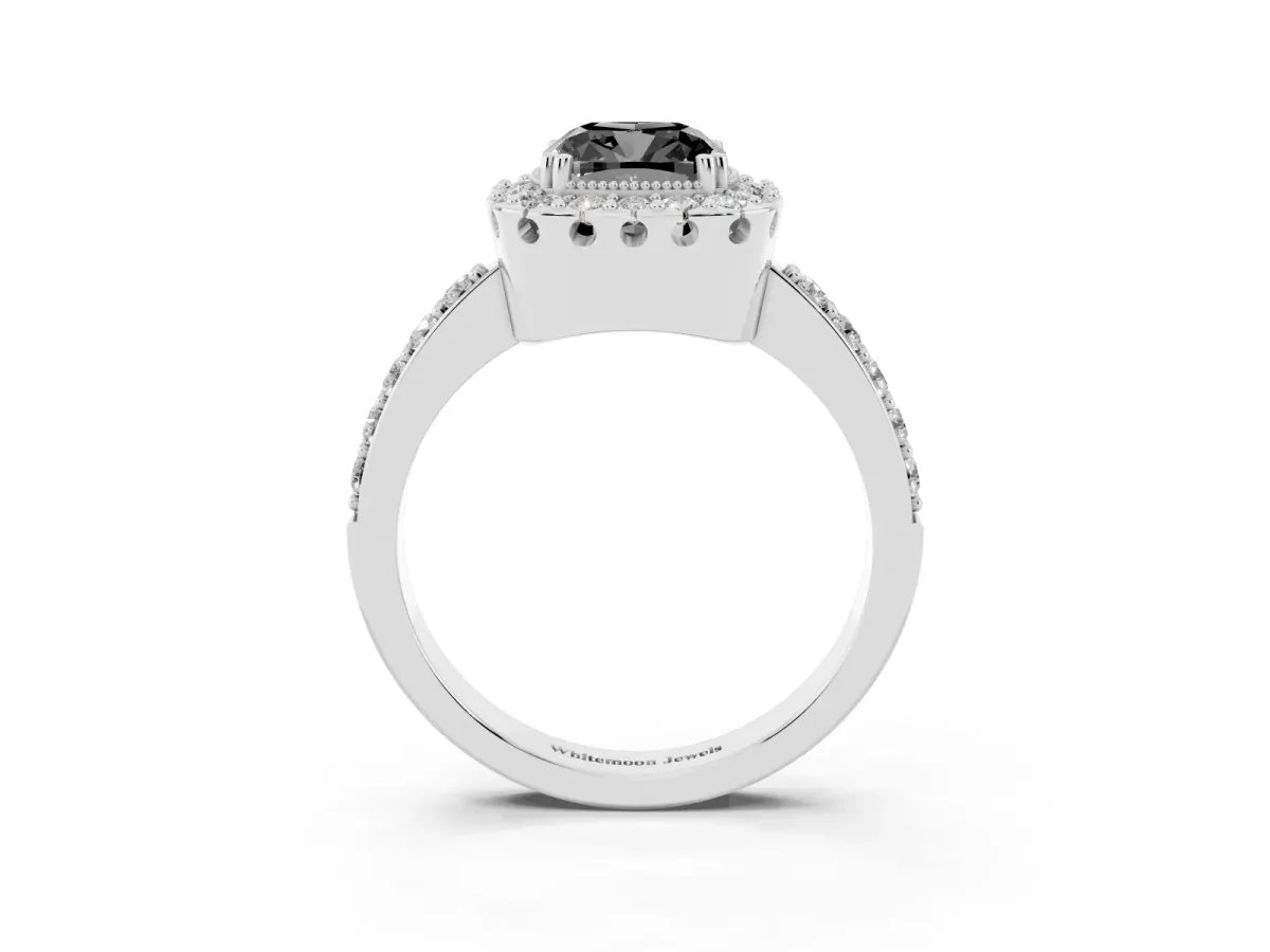 Fancy Black Cushion Cut Diamond Halo Ring with Pavé Band and Prong Setting Silver