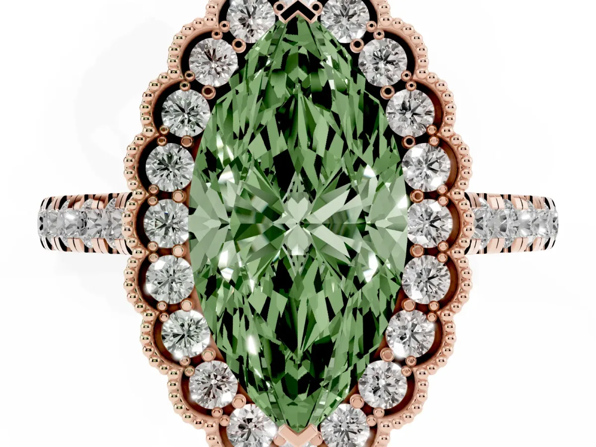 Fancy Green Marquise Cut Cut Diamond Milgrain Floral Halo Engagement Ring with Pavé Band Rose gold
